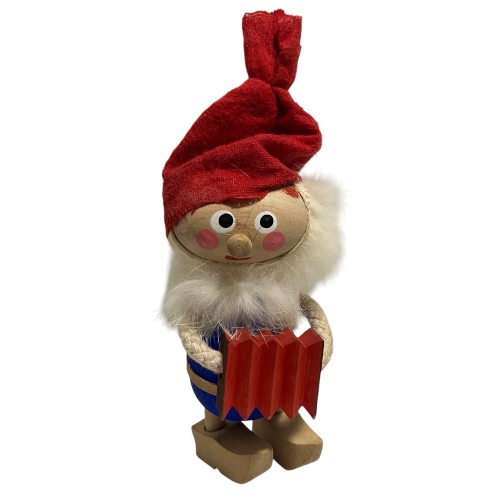 Vintage Swedish Folk Art Wooden Santa Elf Tomte Gnome Accordion Christmas Decor